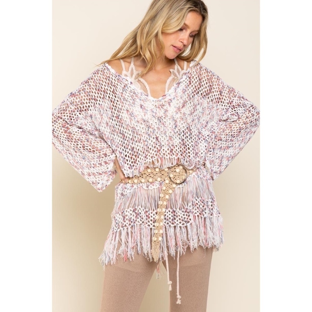 POL Open Knit Lightweight Tunic Sweater with Fringe - Picture 7 of 7